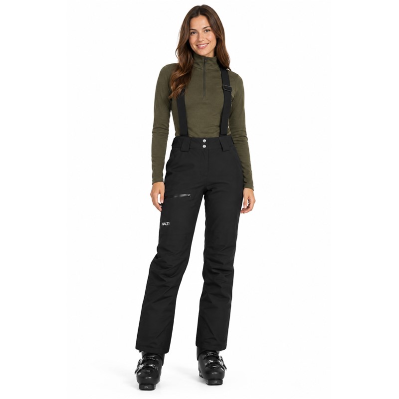 Women's ski pants HALTI Carvey II DX Black in elegant black color P99 Black. Technical material DrymaxX LN 4-Way Stretch provides a waterproof column of 15,000 mm and breathability 15,000 g/m²/24 h, Microtherm Dynamic 40 g insulation offers effective thermal protection. Pants have removable suspenders, adjustable waist, fully sealed seams, inner snow gaiters, Stretch Cordura reinforcements, and thigh pocket with water-repellent zipper.