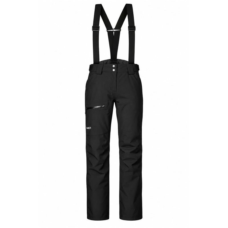 Women’s HALTI Carvey II DX Black ski pants in stylish black P99 Black. Technical DrymaxX LN 4-Way Stretch material provides a water column of 15,000 mm and breathability 15,000 g/m²/24 h, Microtherm Dynamic 40 g insulation provides effective thermal protection. The pants have detachable suspenders, adjustable waist, fully taped seams, internal snow gaiters, Stretch Cordura reinforcements, and thigh pocket with water-repellent zipper.