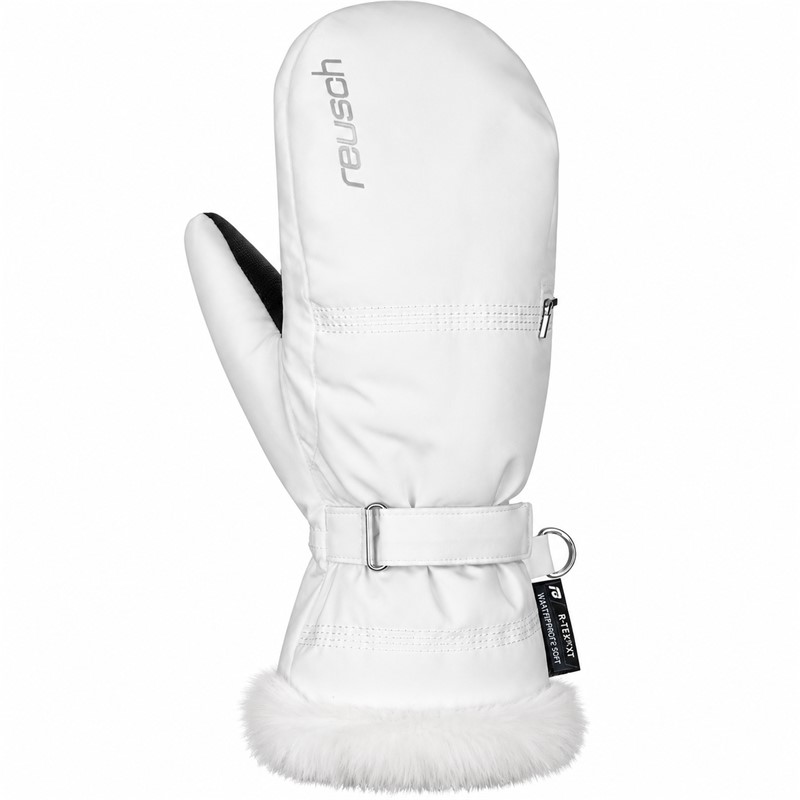 Ženske smučarske rokavice REUSCH LUNA R-TEX® XT MITTEN v beli barvi WHITE. Nepremočljiva membrana R-TEX® XT, toplotna izolacija TecFill™, prožen Softshell, sintetična dlan Hybrid PU, podloga MicroActive in eleganten zaključek iz umetnega krzna zagotavljajo toploto, udobje in zaščito med smučanjem.