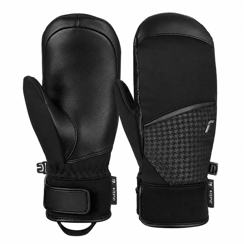 Ženske smučarske rokavice REUSCH MARA R-TEX® XT MITTEN v barvni kombinaciji BLACK / PIED DE POULE. Nepremočljiva membrana R-TEX® XT, izolacija PrimaLoft® Gold, naravno ovčje usnje, Softshell Premium in notranja podloga z volno zagotavljajo izjemno toploto, zaščito ter udobje med smučanjem.
