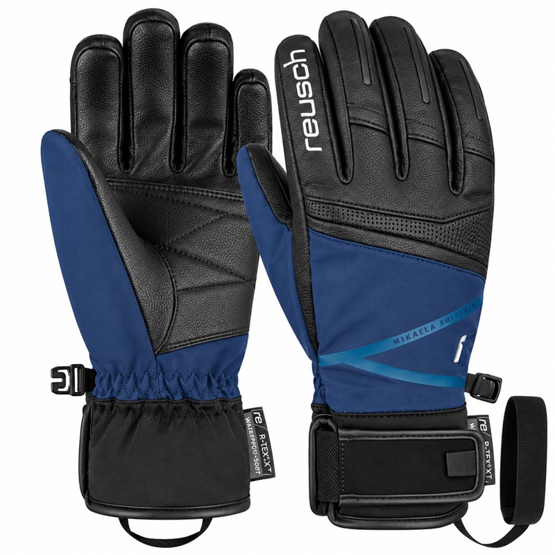 Women’s ski gloves REUSCH MIKAELA SHIFFRIN R-TEX® XT in BLACK / DRESS BLUE color combination. Mikaela Shiffrin’s signature model with waterproof R-TEX® XT membrane, PrimaLoft® Gold insulation, high-quality goatskin leather, Softshell and Softshell Premium materials, and soft SoftPlush and MicroActive linings provide exceptional warmth, comfort, and precise grip while skiing.
