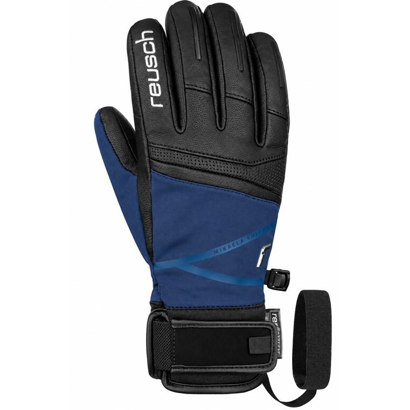 Women’s ski gloves REUSCH MIKAELA SHIFFRIN R-TEX® XT in BLACK / DRESS BLUE color combination. Mikaela Shiffin’s signature model with waterproof R-TEX® XT membrane, PrimaLoft® Gold insulation, high-quality goatskin leather, Softshell and Softshell Premium materials, and soft SoftPlush and MicroActive linings provide exceptional warmth, comfort, and precise grip while skiing.
