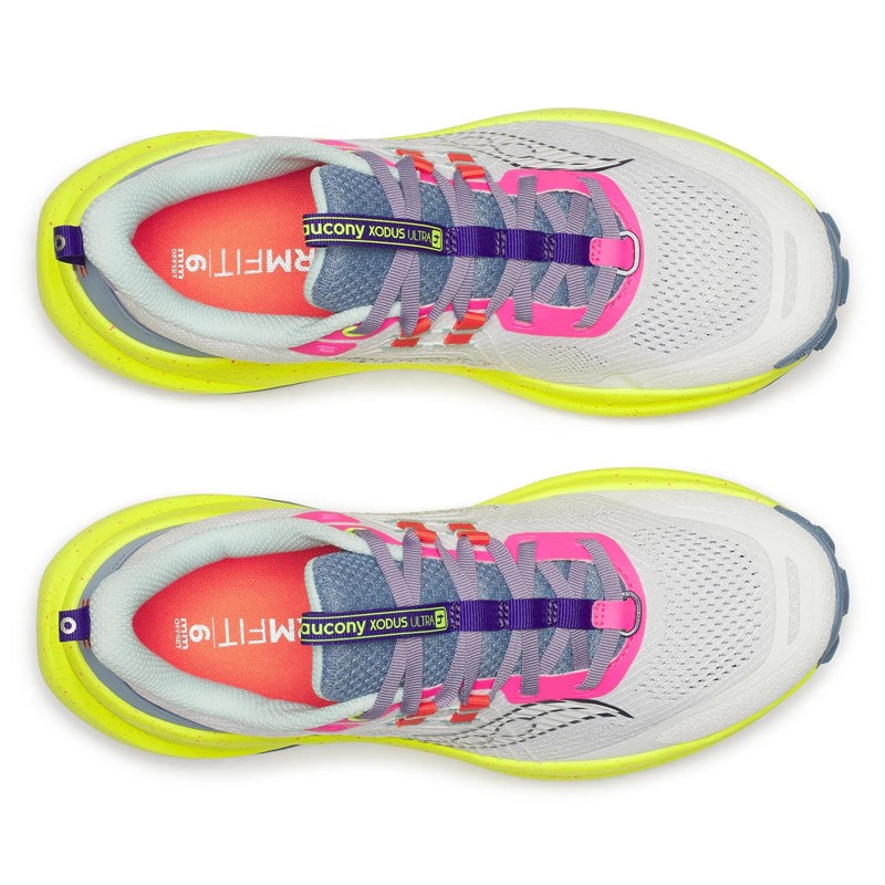 Maksimalno blažene ženske trail superge Saucony Xodus Ultra 4 White Citron s podplatom Vibram MegaGrip za dolge teke, ultratrail in zahtevne terene.