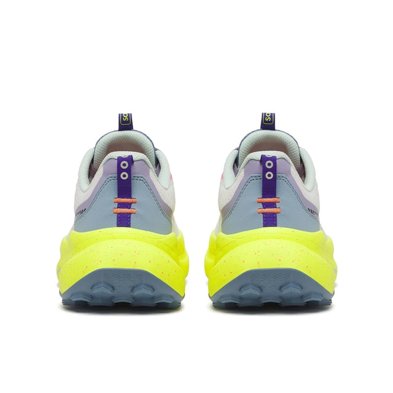 Maksimalno blažene ženske trail superge Saucony Xodus Ultra 4 White Citron s podplatom Vibram MegaGrip za dolge teke, ultratrail in zahtevne terene.