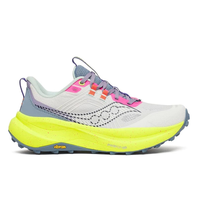 Maksimalno blažene ženske trail superge Saucony Xodus Ultra 4 White Citron s podplatom Vibram MegaGrip za dolge teke, ultratrail in zahtevne terene.