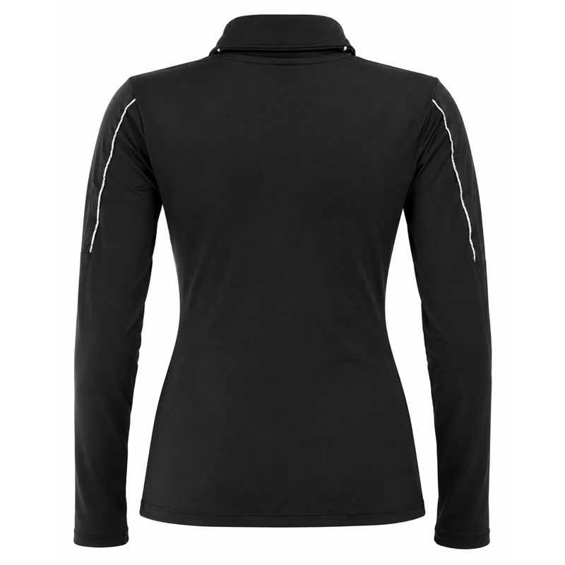 Women's full-zip pullover REUSCH DELUXE BLACK/SILVER in elegant black color with silver accents. Practical sport pullover with a higher collar suitable as a mid-layer under a ski jacket or as standalone clothing for winter activities and leisure.