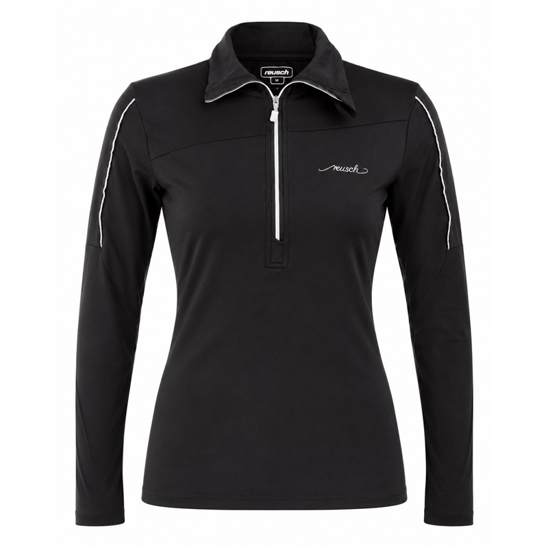 Women's full-zip pullover REUSCH DELUXE BLACK/SILVER in elegant black color with silver accents. Practical sports pullover with a higher collar suitable as a mid-layer under ski jacket or as a standalone piece for winter activities and leisure.
