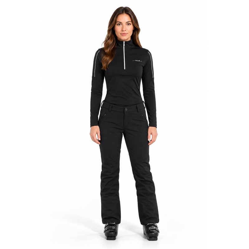 Women's zip pullover REUSCH DELUXE BLACK/SILVER in elegant black with silver accents. Practical sports pullover with higher collar is suitable as a mid-layer under a ski jacket or as a standalone garment for winter activities and leisure.