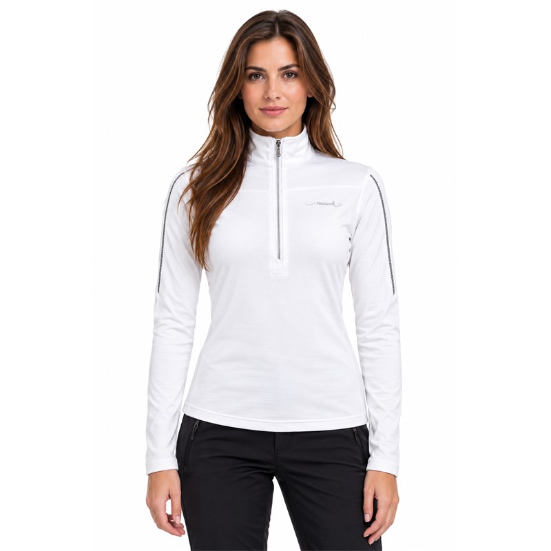Women's ski pullover REUSCH DELUXE WHITE/SILVER in elegant white color with silver accents. 95% polyester and 5% elastane fabric, higher collar and practical zipper provide comfort, stretch and freedom of movement for skiing and other winter activities.
