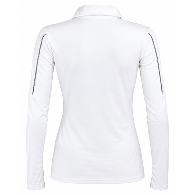 Women's ski pullover REUSCH DELUXE WHITE/SILVER in elegant white color with silver accents. 95% polyester and 5% elastane fabric, higher collar and practical zipper provide comfort, stretchability and freedom of movement for skiing and other winter activities.