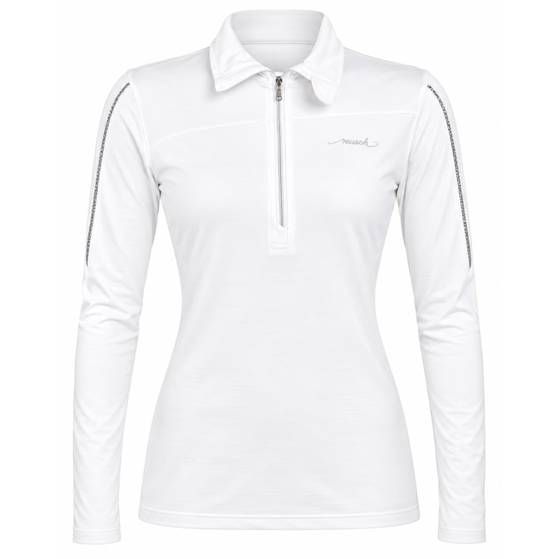 Women's ski pullover REUSCH DELUXE WHITE/SILVER in elegant white color with silver accents. 95% polyester and 5% elastane fabric, higher collar and practical zipper provide comfort, stretch, and freedom of movement for skiing and other winter activities.