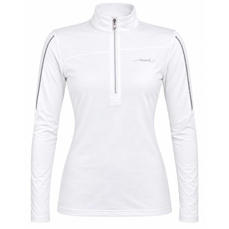 Women's ski pullover REUSCH DELUXE WHITE/SILVER in elegant white color with silver accents. 95% polyester and 5% elastane fabric, higher collar and practical zipper provide comfort, stretch and freedom of movement for skiing and other winter activities.