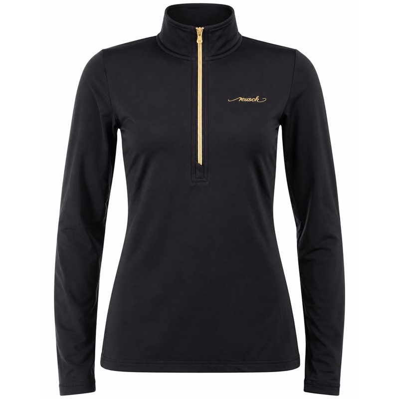 Ženski tehnični smučarski puli REUSCH SUPREME BLACK/GOLD v elegantni črni barvi z zlatimi poudarki. Raztegljiv material iz 95 % poliestra in 5 % elastana, visok ovratnik ter praktična kratka zadrga zagotavljajo udobje, svobodo gibanja in športno eleganten videz pri smučanju ter drugih zimskih aktivnostih.