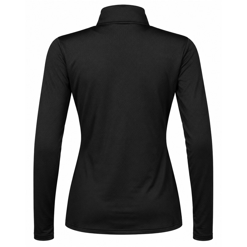 Women's technical ski pullover HALTI JAAKO BLACK in elegant black color. Light Active Dry Sport Knit material 94% recycled polyester and 6% elastane, mesh-structured interior and high collar ensure effective moisture wicking, breathability and freedom of movement for skiing, hiking and other activities.