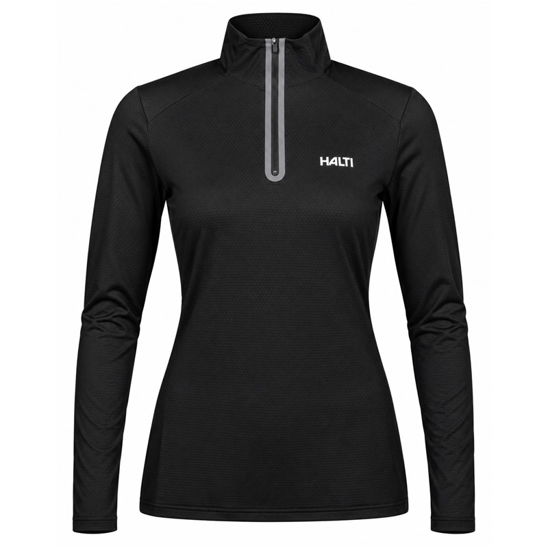 Women's technical ski pullover HALTI JAAKO BLACK in elegant black color. Light Active Dry Sport Knit material 94% recycled polyester and 6% elastane, mesh-structured interior and high collar ensure effective moisture wicking, breathability and freedom of movement for skiing, hiking and other activities.