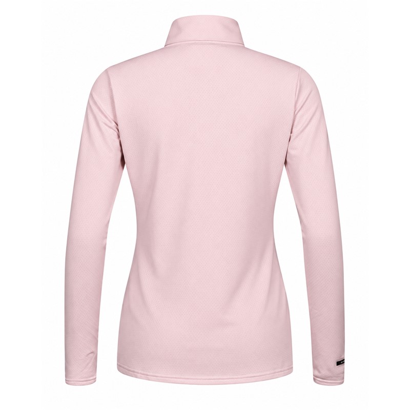 Women's technical ski pullover HALTI JAAKO VEILED PINK in elegant soft pink color. Light Active Dry Sport Knit material 94% recycled polyester and 6% elastane, mesh-structured interior and high collar ensure effective moisture wicking, breathability and freedom of movement for skiing, hiking and other activities.