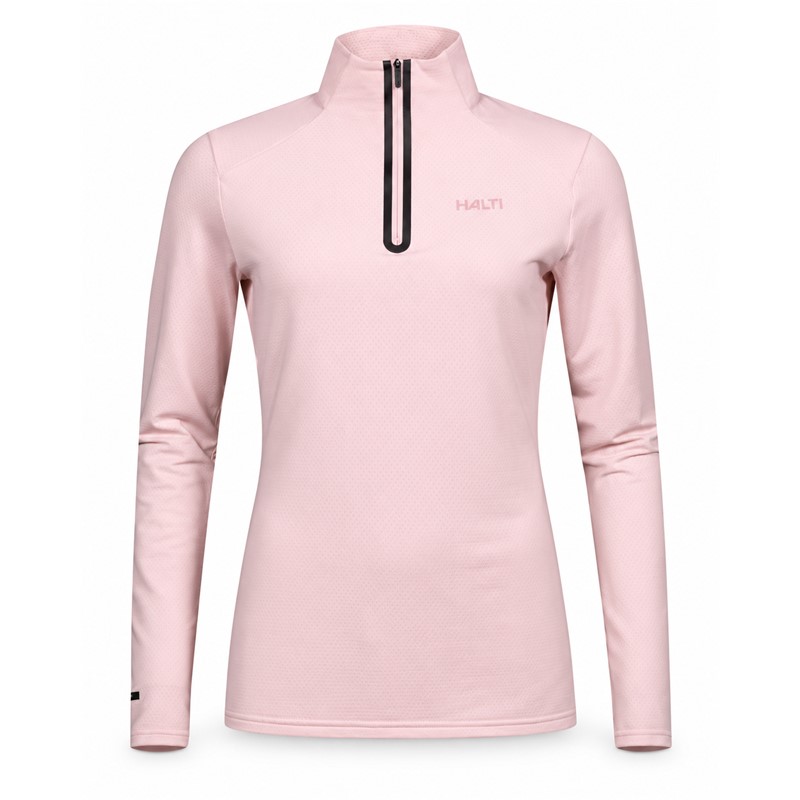Women's technical ski pullover HALTI JAAKO VEILED PINK in elegant soft pink color. Light Active Dry Sport Knit material 94% recycled polyester and 6% elastane, mesh-structured interior and high collar ensure effective moisture wicking, breathability and freedom of movement for skiing, hiking and other activities.