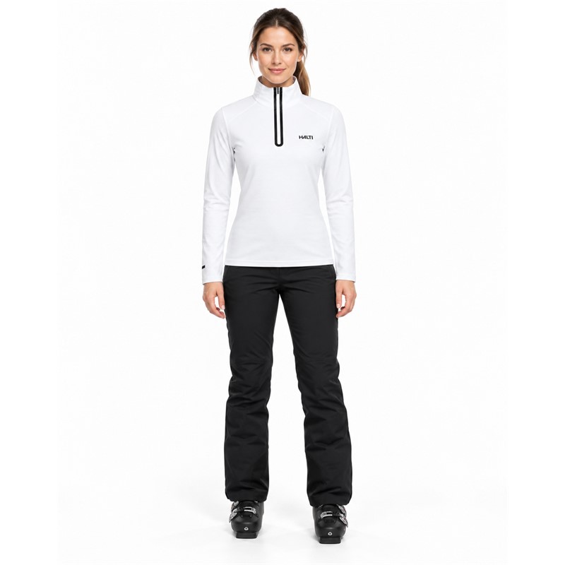 Women's technical ski pullover HALTI JAAKO WHITE in an elegant white color with a contrasting black zipper. Light Active Dry Sport Knit material 94% recycled polyester and 6% elastane, mesh-structured interior and high collar ensure effective moisture wicking, breathability and freedom of movement for skiing, hiking and other activities.