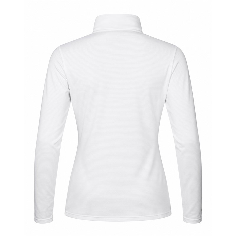 Women's technical ski pullover HALTI JAAKO WHITE in an elegant white color with a contrasting black zipper. Light Active Dry Sport Knit material 94% recycled polyester and 6% elastane, porous inner lining and high collar ensure effective moisture wicking, breathability and freedom of movement for skiing, hiking and other activities.