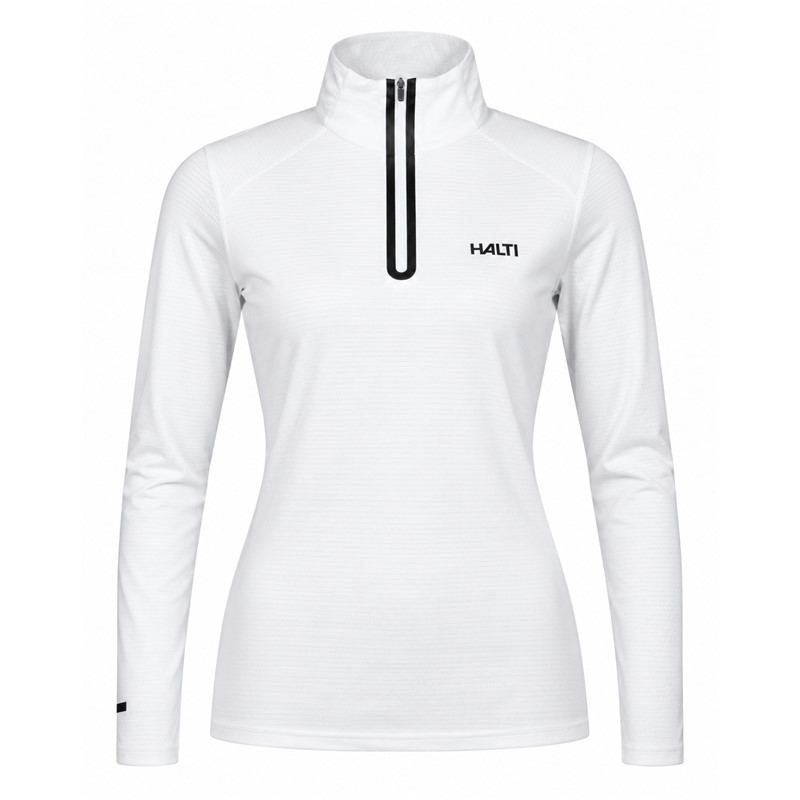 Women's technical ski pullover HALTI JAAKO WHITE in an elegant white color with a contrasting black zipper. Light Active Dry Sport Knit material 94% recycled polyester and 6% elastane, mesh-structured interior and high collar ensure effective moisture wicking, breathability and freedom of movement for skiing, hiking and other activities.
