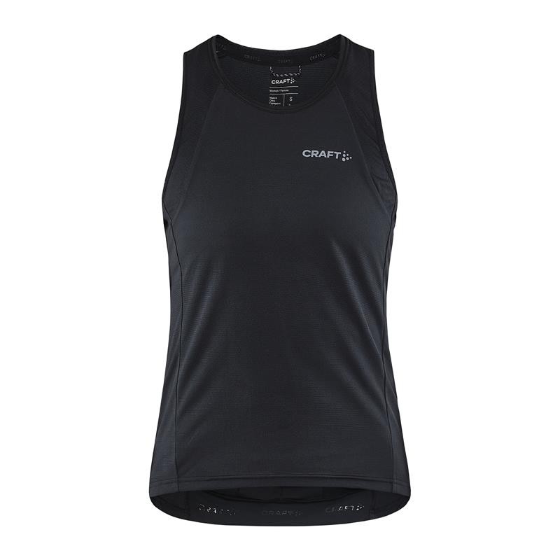The women's sleeveless cycling shirt CRAFT CORE ENDUR SINGLET is a soft and stretchy cycling shirt made from recycled polyester that effectively wicks moisture away. It features a full front zipper and three back pockets.