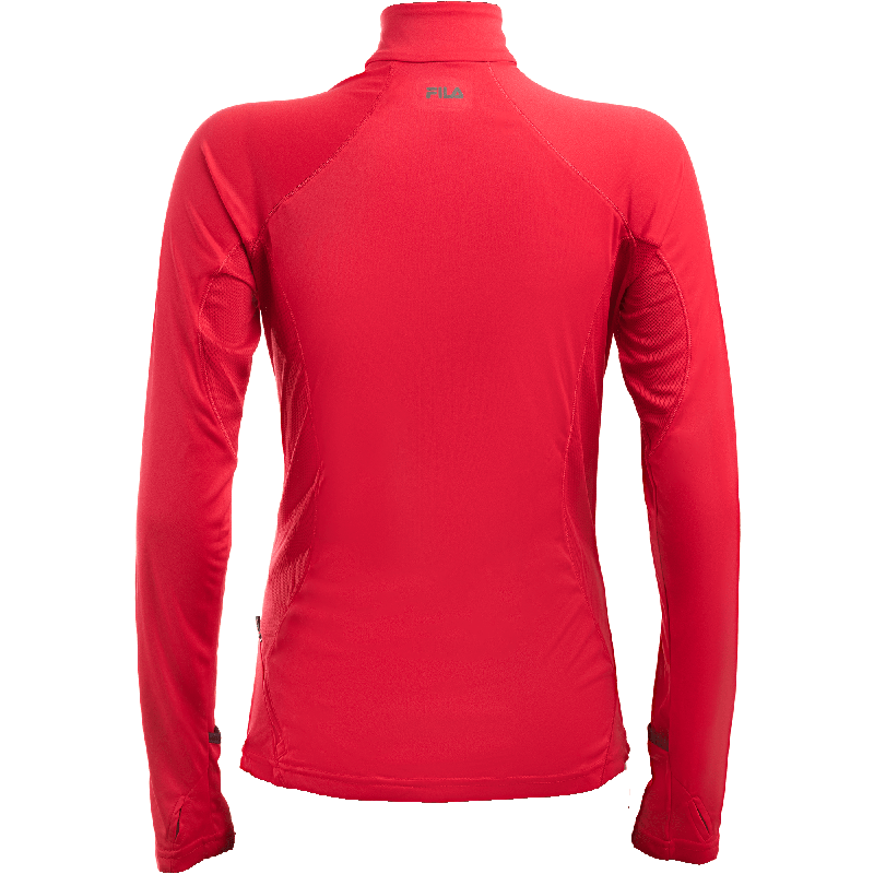 The women's long-sleeve shirt with a zipper is made of 100% polyester, making it very comfortable and soft. It fits the body perfectly and is designed for running. It zips up at the neck.