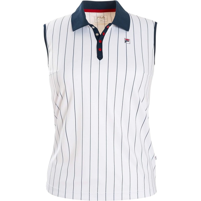 The FILA PIA is a women's sleeveless polo shirt specifically designed for tennis. Made from 100% polyester, it ensures lightness and breathability during play.