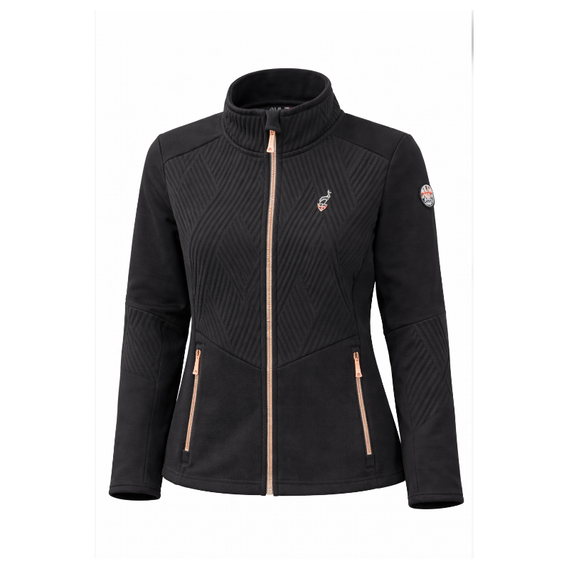 Ženska smučarska jopica AULP BATIK iz mehkega žakardnega pletiva nudi toplino, udobje in eleganten videz. Popolna kot midlayer pod smučarsko jakno ali za sproščene dni v hladnejšem vremenu.