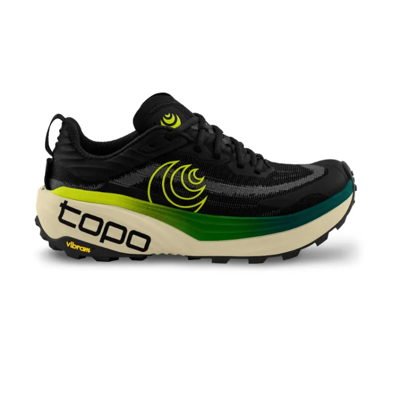 Topo Vista Black/Lime — men's trail running shoes from Topo Athletic, designed for long and technical trails. They are equipped with maximum cushioning ZipFoam, which softens the sharp edges of the paths while maintaining a natural stride rhythm.