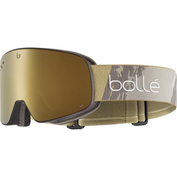 Smučarska očala BOLLE NEVADA Rock Camo Matte - Gold združujejo sodoben kamuflažni dizajn z zanesljivimi lastnostmi, da ti nudijo udobje, jasen vid in zaščito na smučišču.