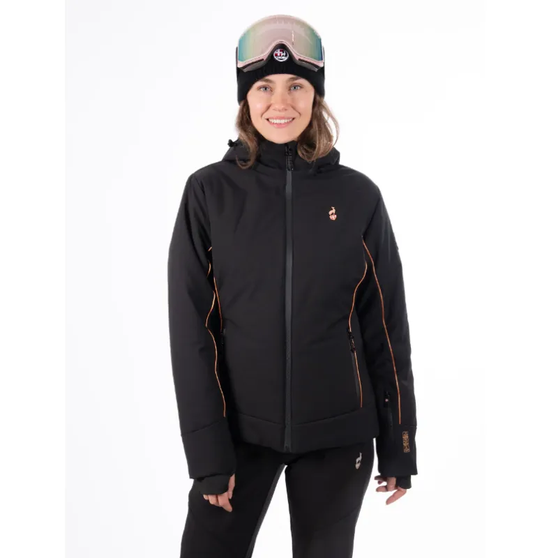 Women's ski jacket AULP CELLY offers waterproof and breathable protection, fully taped seams, and a snow skirt for carefree skiing. Side softshell panels provide greater freedom of movement and comfort in all conditions.