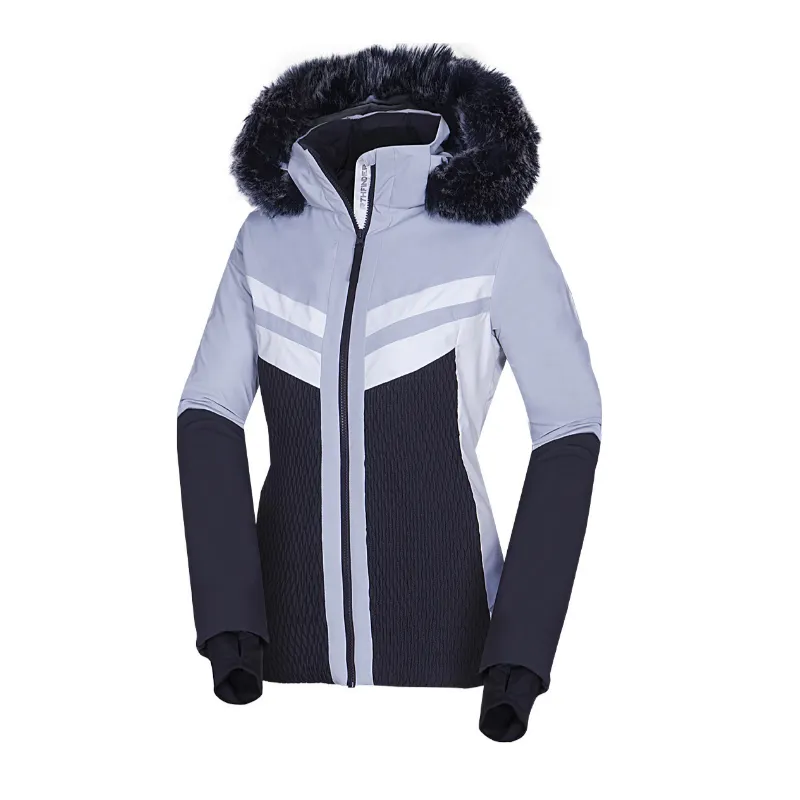 Women's ski jacket NORTHFINDER BRANDI combines a modern look, 10K/10K waterproof protection, and warm synthetic insulation. Snow skirt, PFC-free treatment, and removable hood with fur for carefree skiing in all conditions.