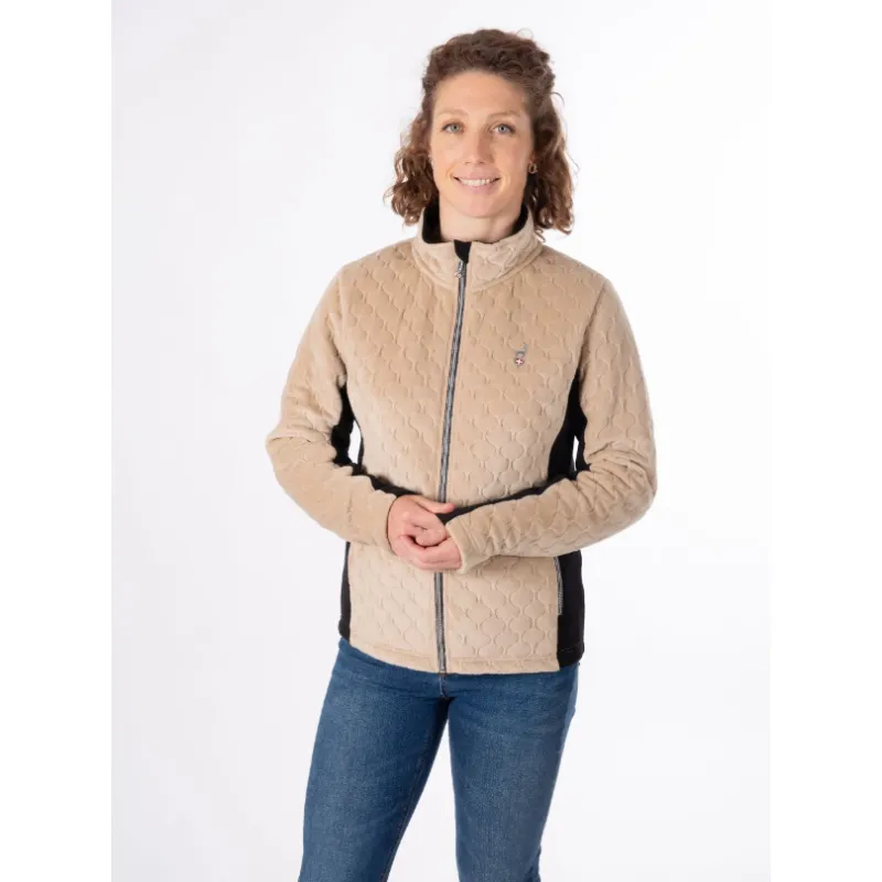Women's ski fleece AULP VERSA in beige color combines soft velour and fleece for top warmth and comfort. Versatile design is ideal as a midlayer under a ski jacket or for everyday wear on cooler days.
