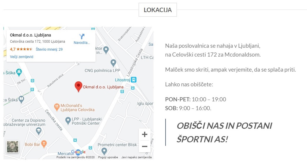 Lokacija trgovine AS Sport Outlet na Celovški cesti 172 v Ljubljani, za McDonald's Šiška